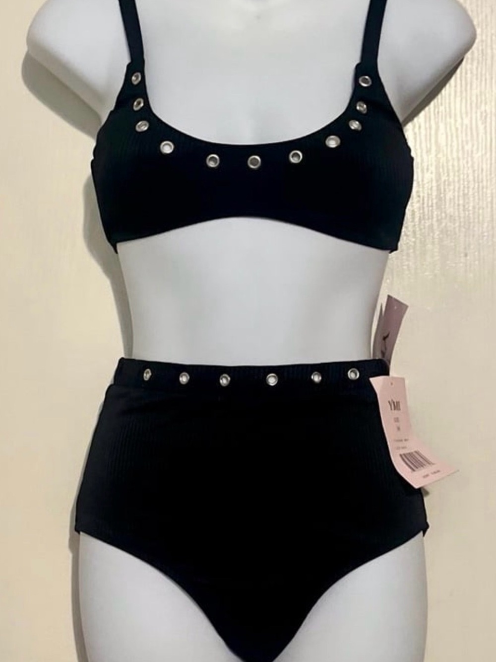 NWT Black Ribbed Grommet Bikini High Waisted Swimsuit Set M Punk Goth Festival